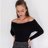 Fashion Womens Stylish Solid Color Sexy One Collar Off Shoulder Casual Bardot Tops Knitted Ribbed Sweater Jumper Blouses Tops