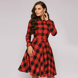 Elegant Plaid Dress Women Turn-down Collar Long Sleeve Knee-Length Dress Female Sashes Vintage Autumn Office Lady Dress vestidos
