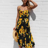 2019 Sexy Backless Floral Print Beach Summer Sexy Dress Casual Strap Button V Neck Red White Black Midi Dresses Sundress Female