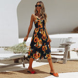 2019 Sexy Backless Floral Print Beach Summer Sexy Dress Casual Strap Button V Neck Red White Black Midi Dresses Sundress Female