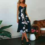 2019 Sexy Backless Floral Print Beach Summer Sexy Dress Casual Strap Button V Neck Red White Black Midi Dresses Sundress Female