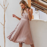 Simplee Sexy v-neck women party dress Elegant spaghetti strap female pleated office dress Solid female pink midi summer dresses