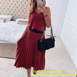 Simplee Sexy v-neck women party dress Elegant spaghetti strap female pleated office dress Solid female pink midi summer dresses