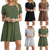 Womens Summer Plus Size Short Sleeves Midi Swing T-Shirt Dress Plain Solid Color Crew Neck Casual Loose Pullover Tunic Tops