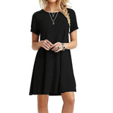 Womens Summer Plus Size Short Sleeves Midi Swing T-Shirt Dress Plain Solid Color Crew Neck Casual Loose Pullover Tunic Tops