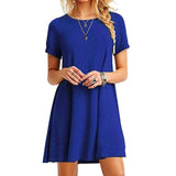 Womens Summer Plus Size Short Sleeves Midi Swing T-Shirt Dress Plain Solid Color Crew Neck Casual Loose Pullover Tunic Tops