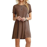 Womens Summer Plus Size Short Sleeves Midi Swing T-Shirt Dress Plain Solid Color Crew Neck Casual Loose Pullover Tunic Tops