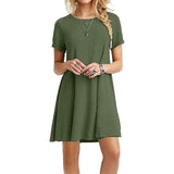 Womens Summer Plus Size Short Sleeves Midi Swing T-Shirt Dress Plain Solid Color Crew Neck Casual Loose Pullover Tunic Tops