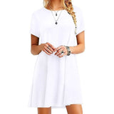 Womens Summer Plus Size Short Sleeves Midi Swing T-Shirt Dress Plain Solid Color Crew Neck Casual Loose Pullover Tunic Tops