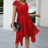 Women Casual A-Line Dress Ladies Solid V-Neck Sleeveless Lace Up Dress Female  High Waist Ruffles Mini Summer Holiday Dress