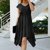 Women Casual A-Line Dress Ladies Solid V-Neck Sleeveless Lace Up Dress Female  High Waist Ruffles Mini Summer Holiday Dress