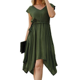 Women Casual A-Line Dress Ladies Solid V-Neck Sleeveless Lace Up Dress Female  High Waist Ruffles Mini Summer Holiday Dress