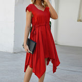 Women Casual A-Line Dress Ladies Solid V-Neck Sleeveless Lace Up Dress Female  High Waist Ruffles Mini Summer Holiday Dress