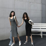 Dresses summer women sundress 2020 black side split long autumn female Sexy Grey Sleeveless Tank High Waist Solid Casual