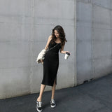 Dresses summer women sundress 2020 black side split long autumn female Sexy Grey Sleeveless Tank High Waist Solid Casual