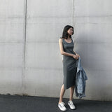 Dresses summer women sundress 2020 black side split long autumn female Sexy Grey Sleeveless Tank High Waist Solid Casual