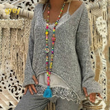 Autumn Women Knitting Sweaters Pullovers For Female Clothes Tops Korean Style V-Neck Irregular Casual Loose Sweater