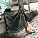 NEW Fashion Autumn Winter Pleated Skirt Womens Vintage High Waist Skirt Solid Long Skirts New Fashion Metallic Skirt Female #FRE